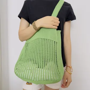 Grüne Strick Mesh Tote Tasche, lässige hohle Umhängetasche, stilvolle Damen Handtasche.