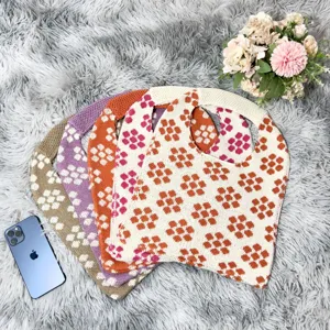 Damen Gestrickte Blumen Schultertasche Vintage Gewebte Beuteltasche Ästhetische Geometrische Strick Unterarmtasche Lässige Offene Häkeltasche