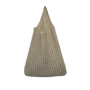 Beige geflochtene Netz-Tragetasche, große Kapazität, lässige Handtasche für täglichen Einkaufs.
