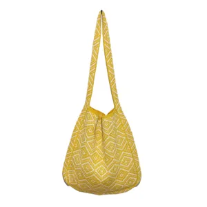 Modische geometrische Strick-Umhängetasche für Damen, gelb weiße lässige Shopper Handtasche.