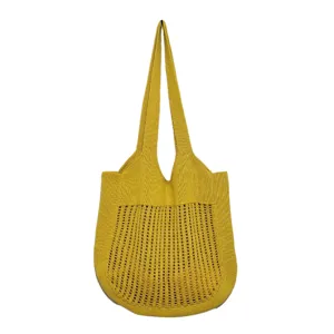 Gelbe Strick-Tote-Bag, lässige Mesh-Umhängetasche mit Lochmuster für Damen und Freizeit.