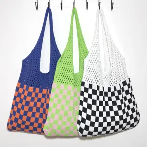 Borsa a Spalla Lavorata a Maglia a Scacchi Western Retrò Poliestere Blocchi di Colore Maglia Traforata Borsa a Mano per Donna Casual Quotidiano