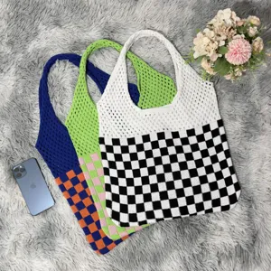 Borsa a mano in maglia con motivo scozzese vintage borsa a spalla casual da donna.