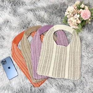 Women Geometric Knit Tote Bag Casual Knit Underarm Bag Soft Woven Crochet Shoulder Bag Polyester Fabric Daily Travel Shopping Bag