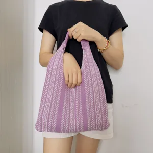 Knitted shoulder tote bag with purple and white geometric pattern for women everyday use