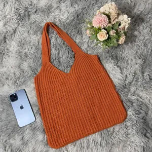 Lässige Damen Strick-Shopper Tasche, große Kapazität Umhängetasche in Karottenorange.
