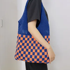 Borsa a tracolla in maglia a quadri rétro da donna, borsa casual blu e arancione trendy.