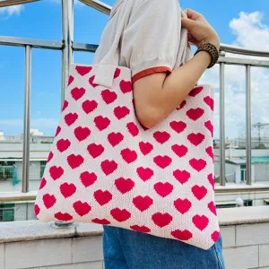 Retro Polyester Gestrickte Herz Muster Einkaufstasche Große Kapazität Offene Umhängetasche Süße Gewebte Handtasche Für Damen Alltag