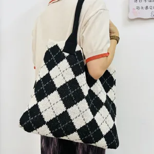Black and white argyle knitted tote bag, casual retro large capacity shoulder bag for women.