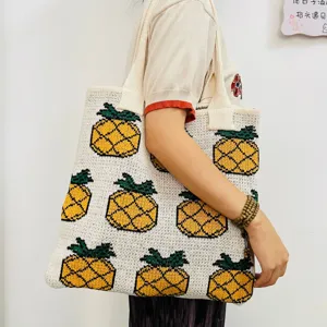 Knit tote shoulder bag with cute pineapple pattern, casual large capacity knitted handbag.