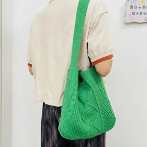 Grüne Strick Umhängetasche, lässige einfarbige Zopfmuster Shopper Tasche für Damen Retro Alltag.
