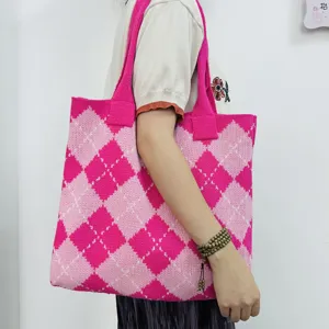 Pink Argyle Knit Tote Bag Large Capacity Casual Shoulder Bag Fabric Handbag Detail View