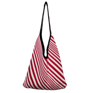 Borsa tote in maglia a righe rosse e bianche, elegante borsa a spalla casual da donna.