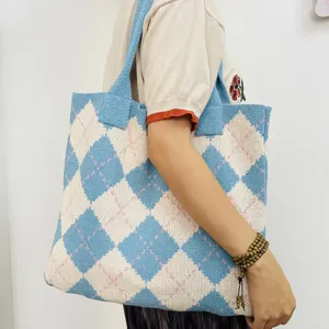 Knitted argyle tote bag for women, large capacity shoulder bag, casual vintage daily handbag.
