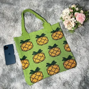Green knitted pineapple tote bag casual large capacity shoulder bag for women aesthetic cute