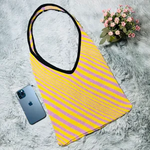 Borsa a spalla in maglia a righe gialle e rosa, grande borsa tote casual capiente.