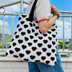 Schwarze und weiße Herz Strick Shopper Tasche, große Kapazität lässige Schultertasche.
