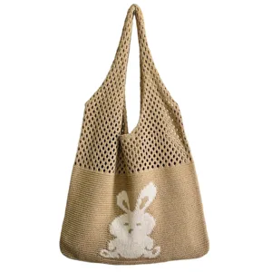 Beigefarbene Damen Stricktasche Vintage ausgehöhlte Netztasche Schultertasche süßes Kaninchen Handtasche