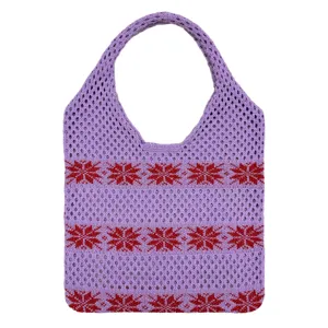 Violette gestrickte Hohl-Tragetasche mit rotem Schneeflockenmuster, lässige Schultertasche.
