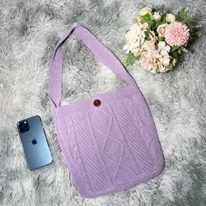 Lila Zopfmuster Schultertasche, lässige einfarbige Shopper Tasche mit Knopfdetail für Damen.