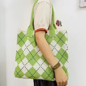 Vintage Knit Tote Bag For Women Large Capacity Argyle Plaid Shoulder Bag Polyester Geometric Knitted Casual Everyday Travel Shopper Bag
