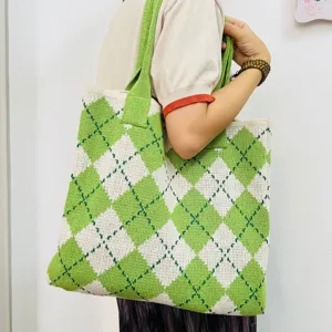 Green white argyle knit tote bag for women stylish casual shoulder bag large capacity aesthetic.