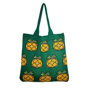 Green knitted tote bag with cute pineapple pattern, casual retro large shoulder bag for women.