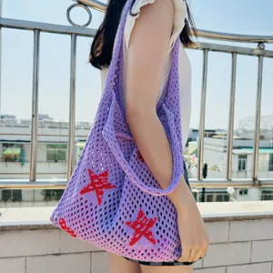 Damen Strick Netztasche lässige hohle Umhängetasche Handtasche mit Sternenmuster Strand