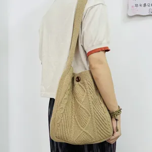 Gestrickte Umhängetasche für Damen, Retro Zopfmuster Shopper, einfarbige Freizeittasche.