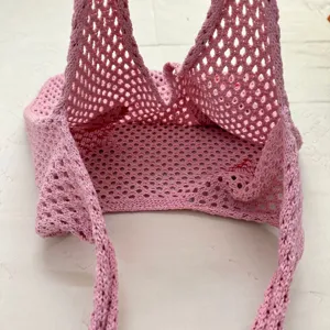 Rosa gestrickte ausgehöhlte Umhängetasche lässige gewebte Tasche Damen Handtasche