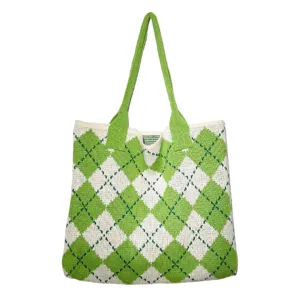 Green White Argyle Knitted Tote Bag Retro Casual Shoulder Bag Large Capacity Woven Handbag