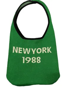 Grüne Strick Damentasche Vintage Wollhandtasche lässige Schultertasche mit Buchstabenmuster