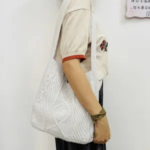 Beige gestrickte Schultertasche für Damen, retro Zopfmuster Shopper, lässige Handtasche.