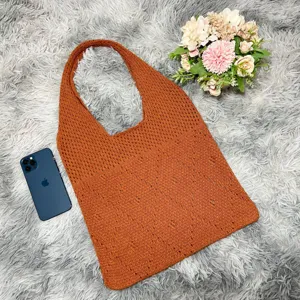 Oranger Strick Shopper für Damen, große Kapazität Retro Umhängetasche, Hohl Handtasche.