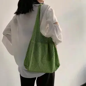 Damen Vintage Hohl Gestrickte Tote Bag Große Kapazität Häkeln Schultertasche Casual Mesh Strand Einkaufstasche