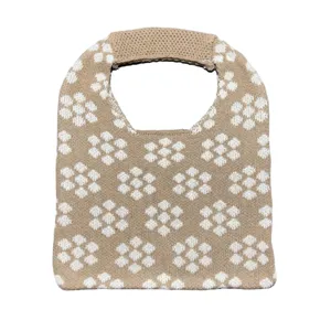 Gestrickte Shopper Handtasche für Damen, lässige Blümchen Druck Schultertasche mit Griff für Alltag.