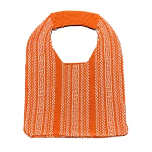 Orange white knitted tote bag geometric pattern shoulder bag casual women handbag