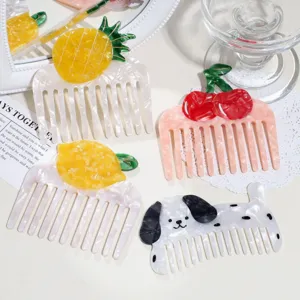 French Girly Acetate Hair Comb Cute Dog Fruit Pineapple Cherry Lemon Shape Wide Tooth Portable Travel Hair Brush For Women