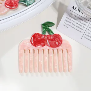 Cute cherry acetate hair comb for women, wide tooth portable styling hair styling tool.