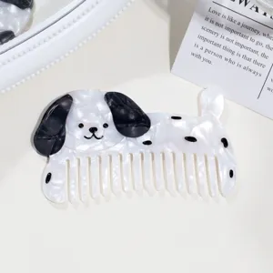 Cute puppy acetate hair comb, black and white wide tooth hair pick for daily styling and travel portable.