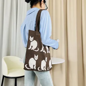 Gestreickte Damentasche mit niedlichem Katzenmuster lässige Schultertasche für Alltag.