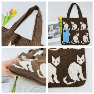 Braune Strick-Tragetasche mit Katzenmuster,lässige Schultertasche Detailansicht für Frauen.