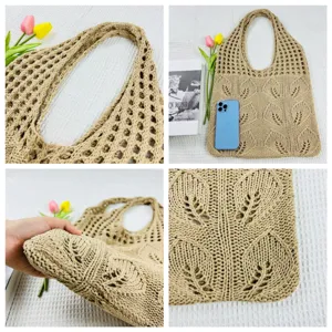 Gestrickte hohle Tote Tasche lässige einfarbige Umhängetasche stilvolles Blattmuster Beutel