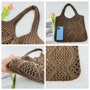 Braune gehäkelte Tote Bag Strick Tasche Detailansicht zeigt feine Textur und bequeme Henkel.