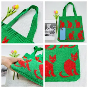Grüne gestrickte Tasche mit rotem Katzenmuster modische lässige Umhängetasche für Damen Alltag