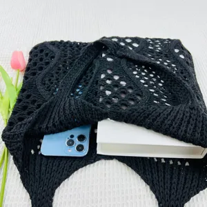 Schwarze Strick Häkeln Tasche Sommer Strand Tasche Freizeittasche Schultertasche chic