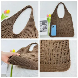 Braune gestrickte Shopper Tasche, hohle einfarbige lässige Schulter Strandtasche für Damen.