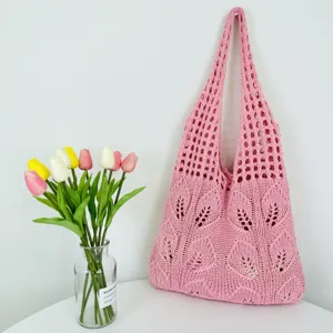 Rosa gestrickte Mesh Umhängetasche lässige gewebte Tasche hohle Shopper Tasche für Frauen