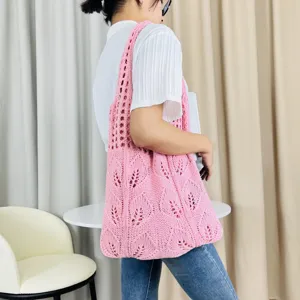 Rosa Strick Shopper Tasche für Damen, gehäkelte Schultertasche, lässige Sommer Umhängetasche.