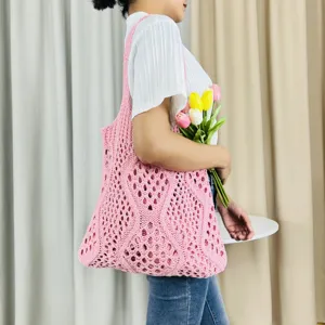 Rosa Strick Tote Bag für Damen, modische Häkel Strandtasche, lässige Umhängetasche im Alltag.